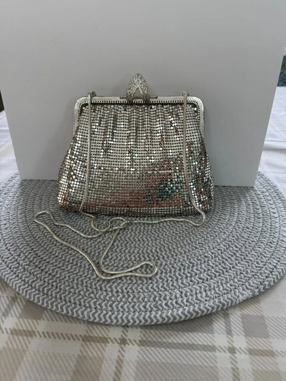 Silver colored mesh pattern purse/clutch